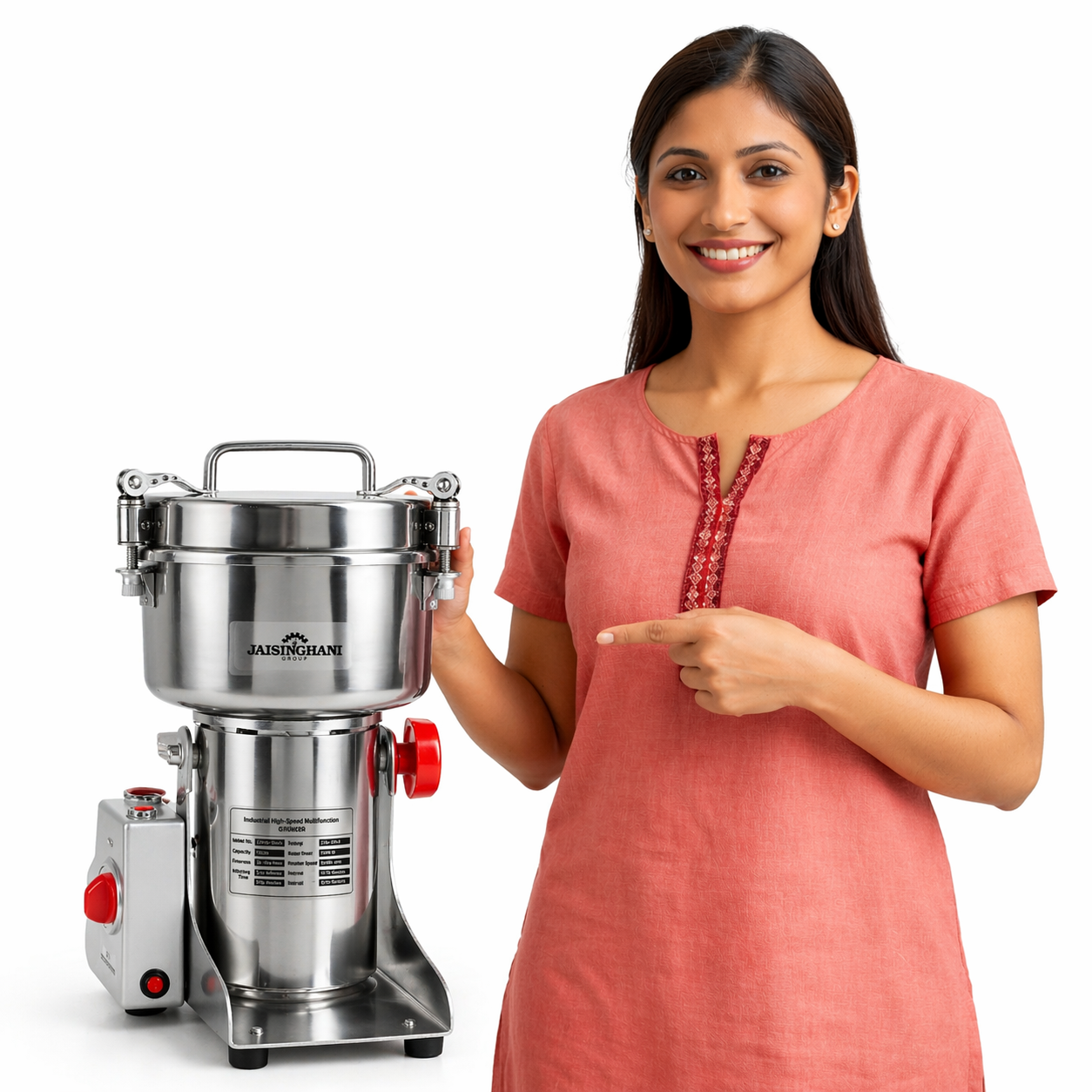 Jaisinghani Group 1000A | 1 KG Commercial Stainless Steel Spices DisIntegrater Machine | 2500g (5.5 lbs) Capacity | High-Speed Grinding | One-Touch Operation | Timer Control | Heavy-Duty Dry Masala & Grain Grinder | Overload Protection | Swing Lid Design