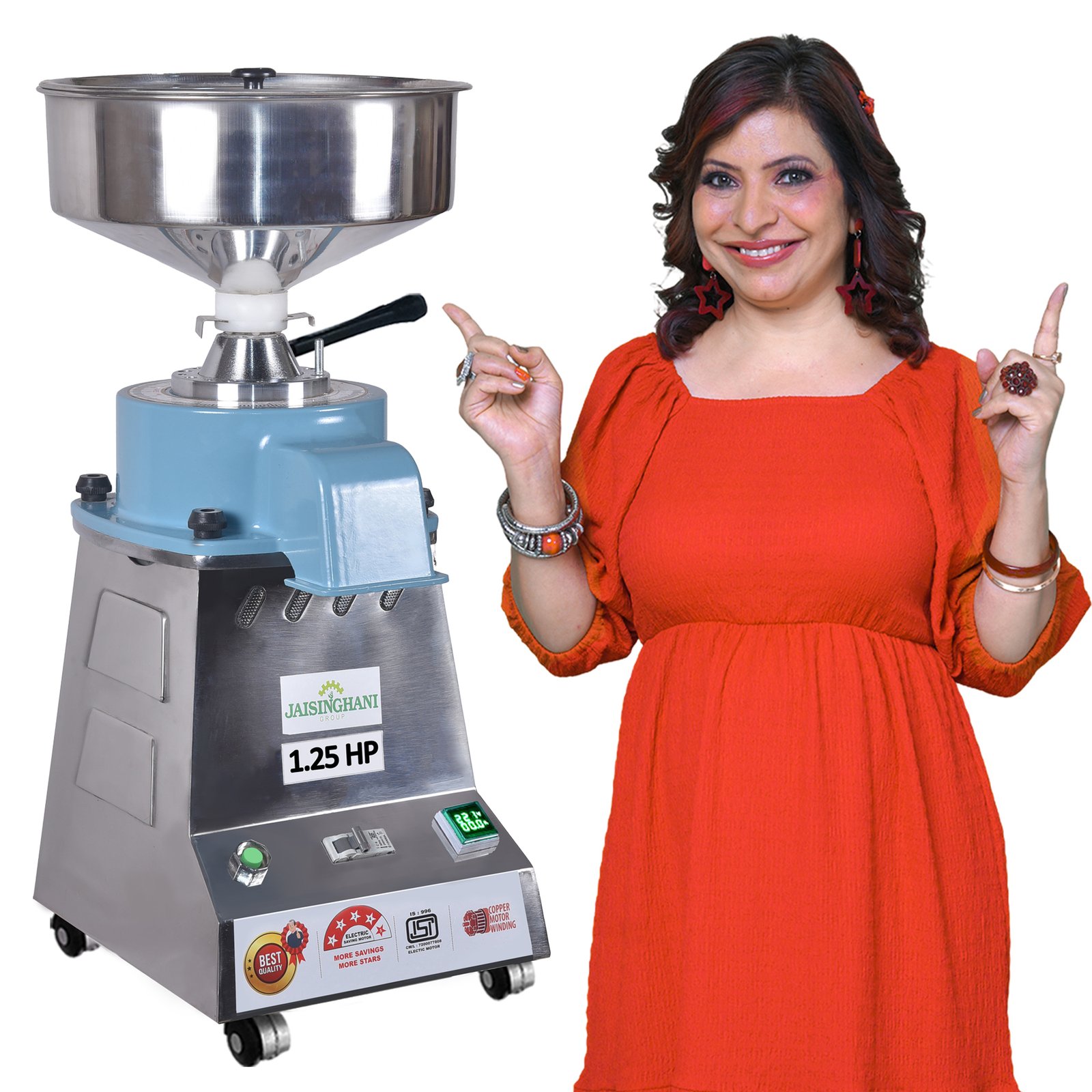 Jaisinghani Group 1.25 HP Stainless Steel Stone Atta Chakki | 6 - 8 Kg/Hour Grinding Capacity | Next-Gen Commercial Stone Flour Mill | Fresh Flour Atta Chakki Machine | Energy Saving