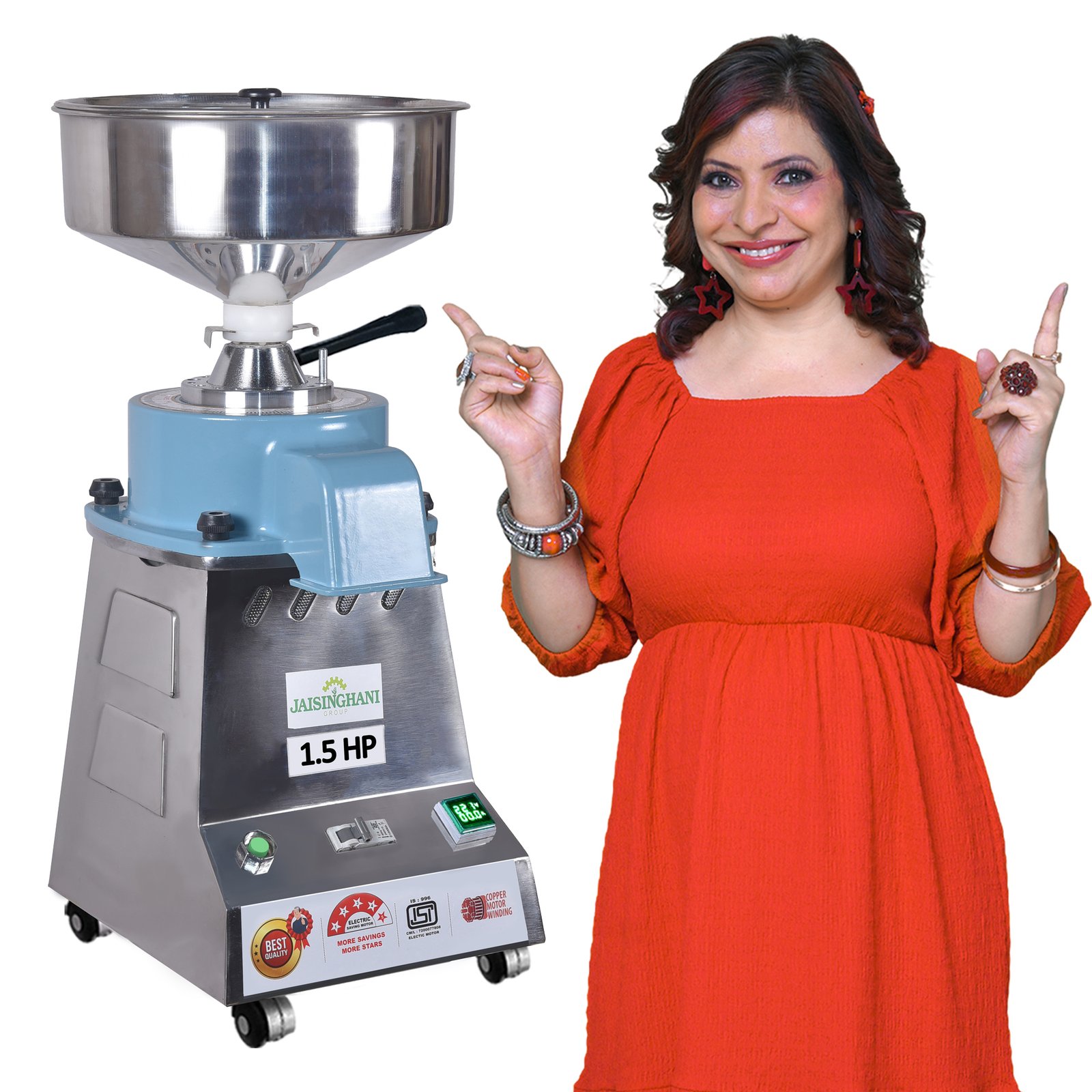Jaisinghani Group 1.5 HP Stainless Steel Round TableTop Atta Chakki | 8 - 10 Kg/Hour Grinding Capacity | Next-Gen Domestic Stone Flour Mill | Fresh Flour Atta Chakki Machine | Energy Saving