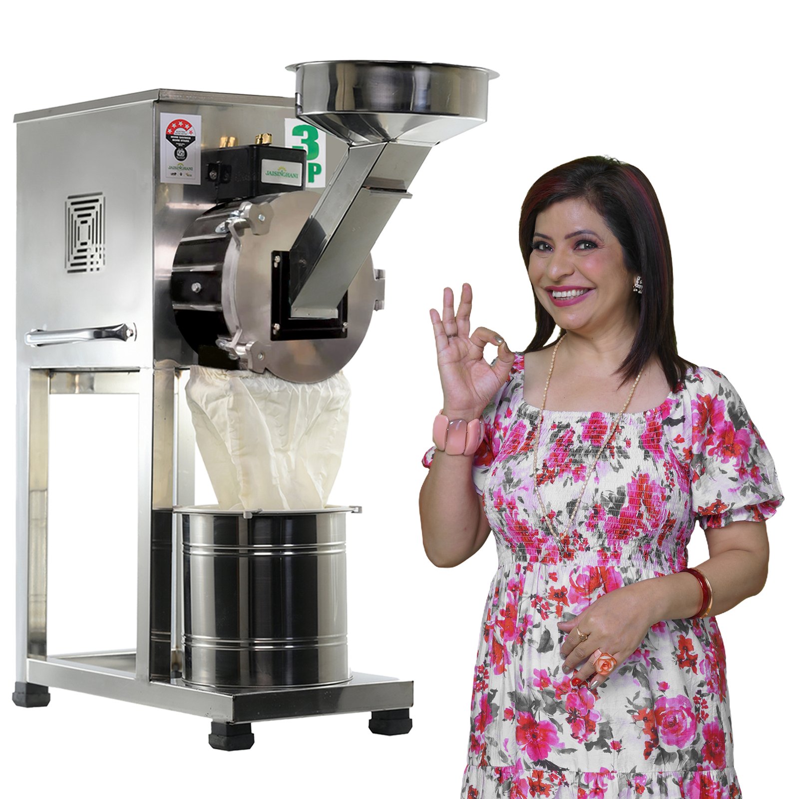 Jaisinghani Group 3 HP Stainless Steel Pulverizer Atta Chakki | 20 - 22 Kg/Hour Grinding Capacity | Next-Gen Commercial Pulverizer Flour Mill | Fresh Flour Atta Chakki Machine | Energy Saving