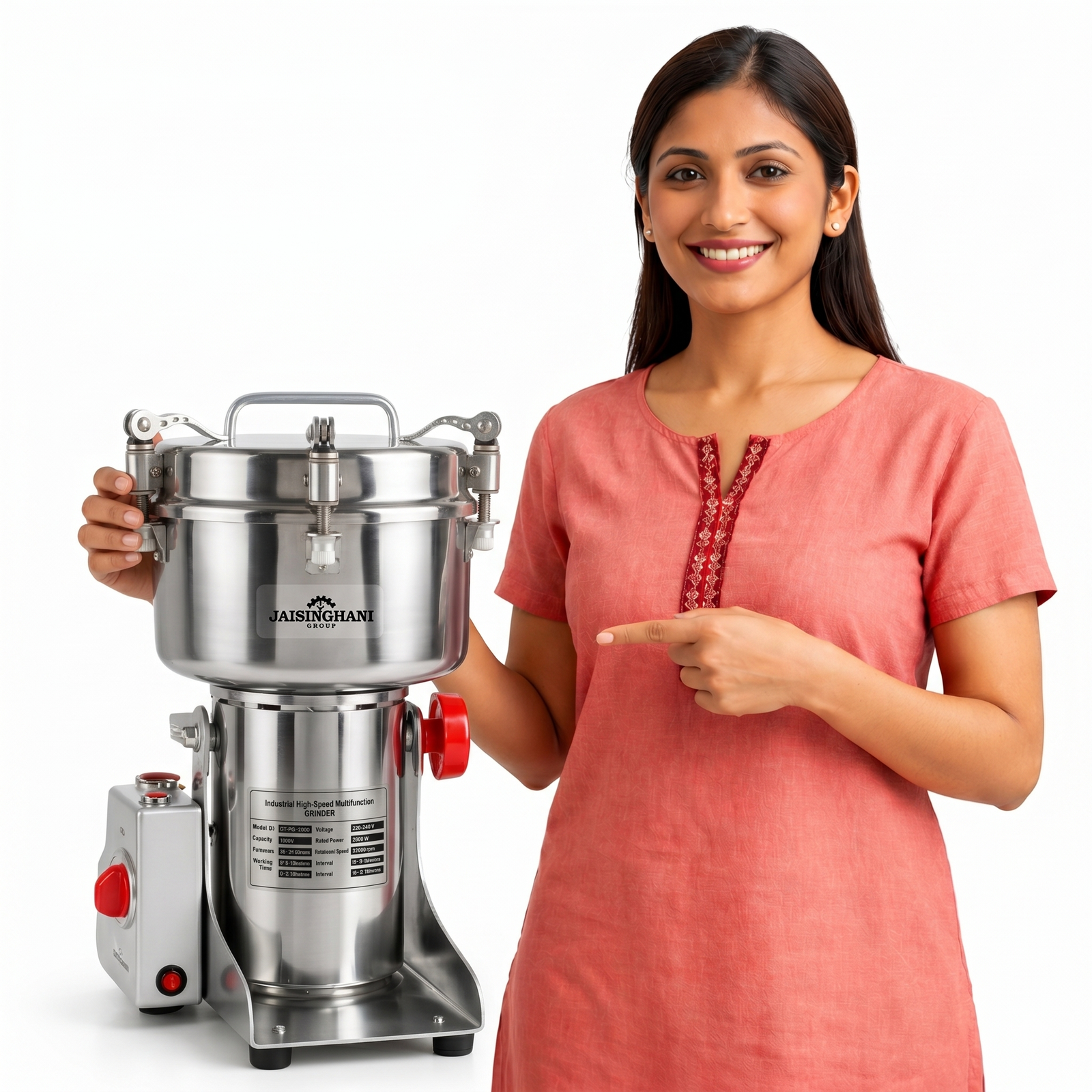 Jaisinghani Group 2000 A | 2 KG Commercial Stainless Steel Spices DisIntegrater Machine | 2000g (4.4 lbs) Capacity | High-Speed Grinding | One-Touch Operation | Timer Control | Heavy-Duty Dry Masala & Grain Grinder | Overload Protection | Swing Lid Design